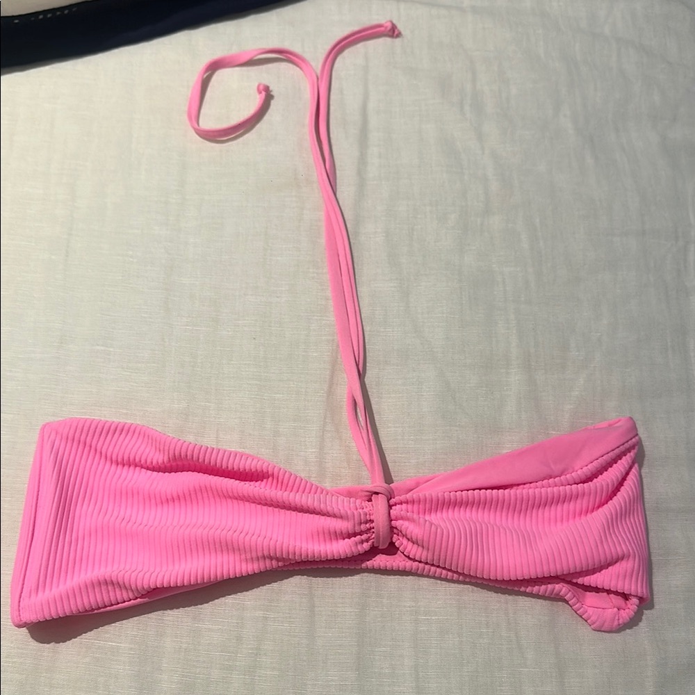 Ribbed Pink Bandeau Bikini Top with Removable Halter - Women Swim
